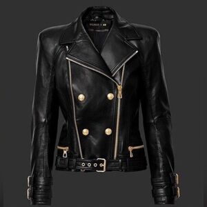 Balmain H&M Black Leather Biker Jacket with Gold Accents